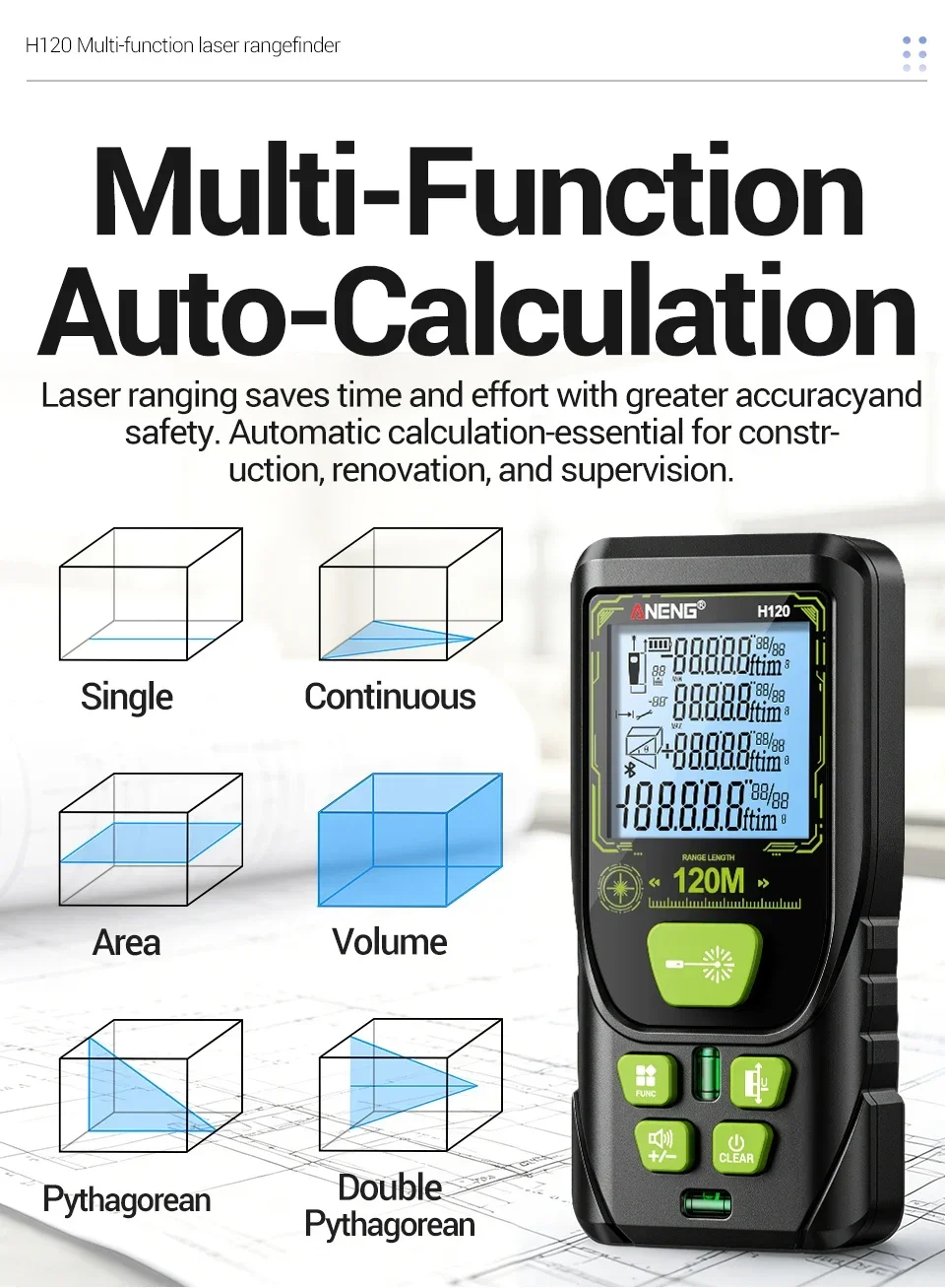 ANENG H120 Digitaler Laser-Entfernungsmesser Hohe Präzision ±3mm Tragbarer Mini-Laser-Messgerät 0,05m~120m Fläche/Volumen Multifunktions-Tester – Detail 5