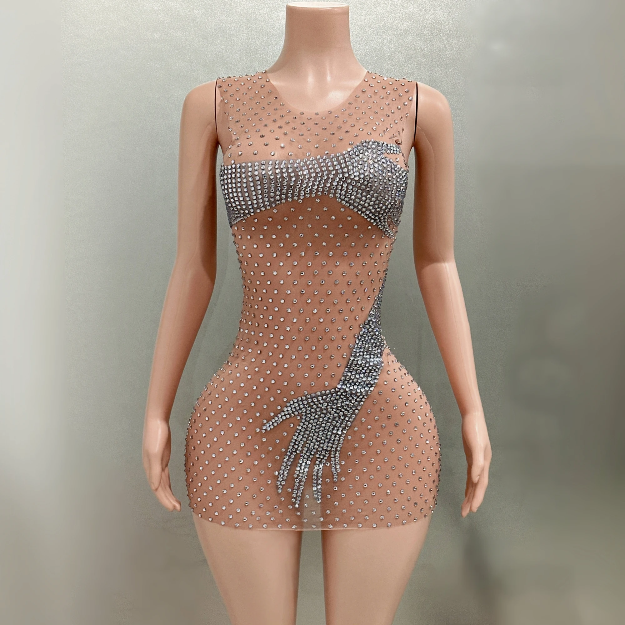 

Luxury Diamonds Sexy See Through Mesh Sheath Mini Dress Evening Party Performance Costume Nightclub Singer Dancer Stage