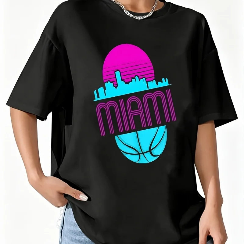 Vintage Miami Florida Cityscape Retro Basketball Women's 100% Cotton T-Shirt Fun Print Short Sleeve Top Casual Round Neck Tee S-5Xl