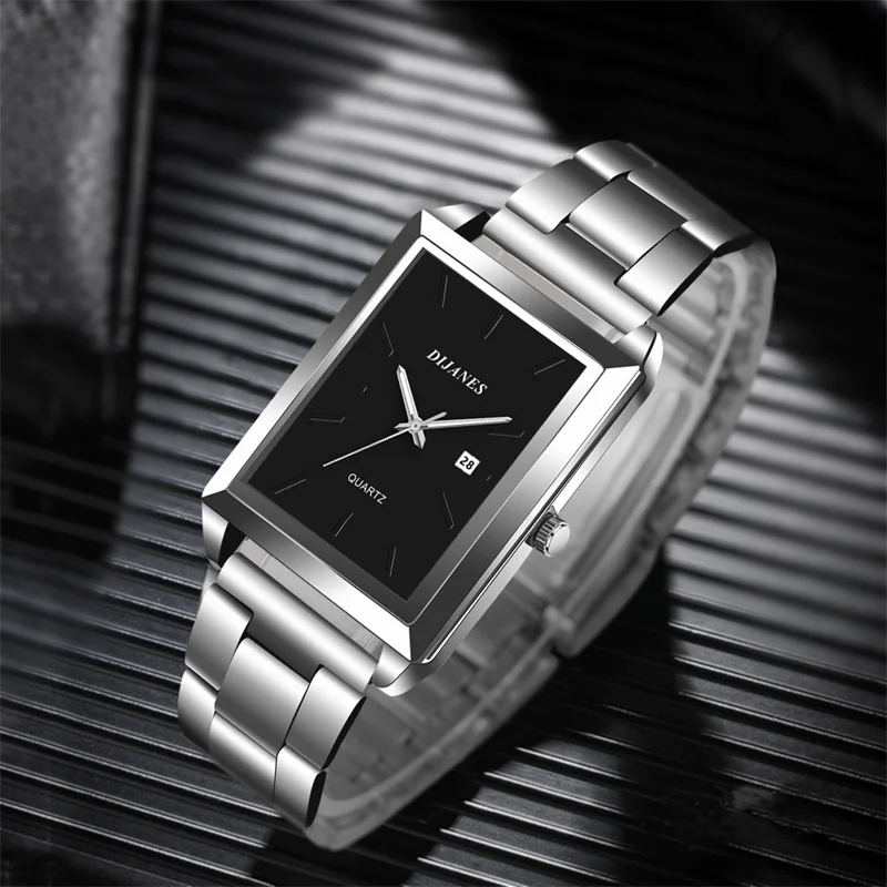 Men's Fashion Watches for Men Rectangle Stainless Steel Quartz Wrist Watch Luminous Man Casual Leather Watch relogio masculino