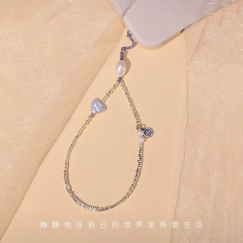 2024Sterling Broken Silver High-end Mobile Phone Chain Lanyard Natural Pearl Girl Love Anti-loss Hanging Ornaments Portable Belt