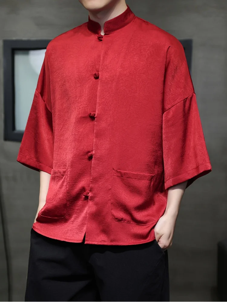

Ice Silk Men's Shirt Summer Thin Five-Sleeve Crumpled Traditional Chinese Style Button up Top Modified Hanfu Loose Fit Youth ...