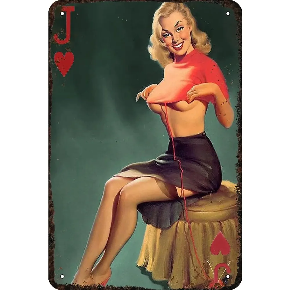 Metallschilder Pin-Up-Girls Sexy Girl Poker Jack Of Hearts Lady In Red Sweater Vintage Blechschild Lustige Kunst-Wanddekorationen für Zuhause