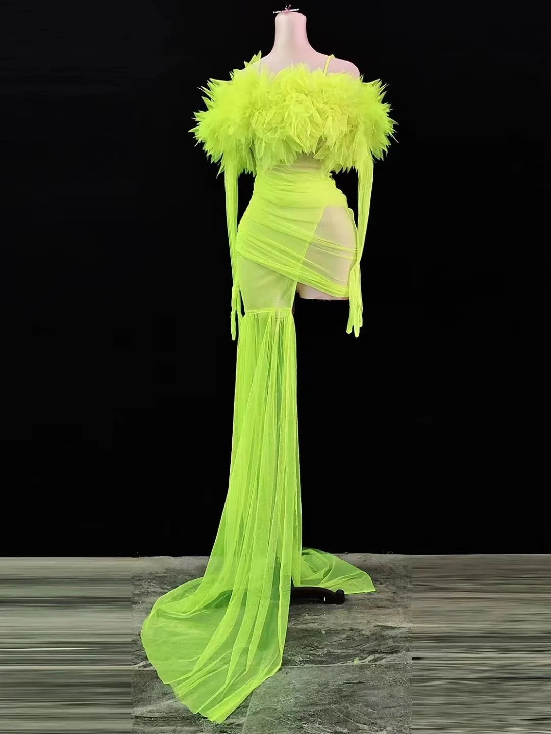 Sexy Transparent Long Train Costume Neon Green Mesh Flower Dress Birthday Prom Celebrate Outfit Evening Nightclub DJ Costume