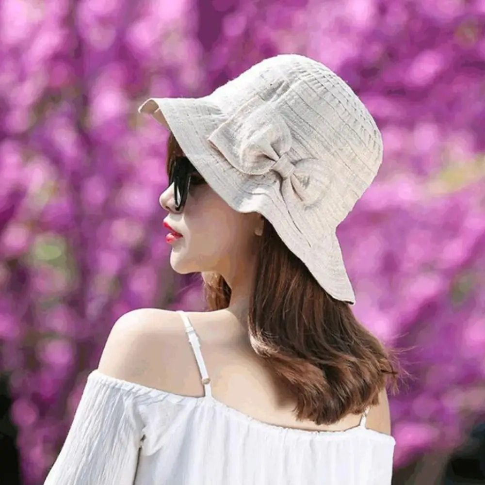 Seaside Beach Hat Cotton Sunshade Fisherman Cap Thin Wide Brim Women Bow Sun Hat Solid Color Breathable Sun Protection Hat Lady