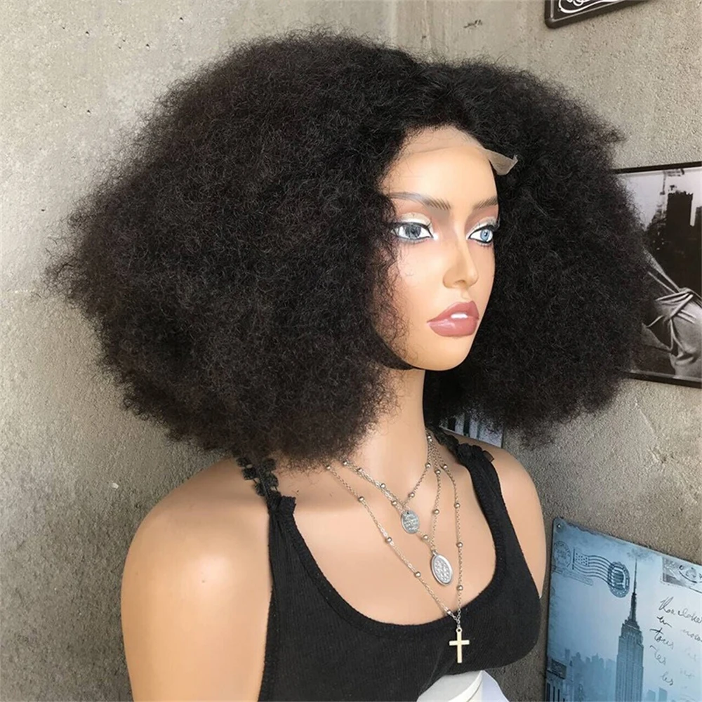 300% Density Afro Kinky Curly Wig Blend Hair 4x4 Lace Closure Wig Pre-Plucked Synthetic Hair Natural Hairline Glueless Wig