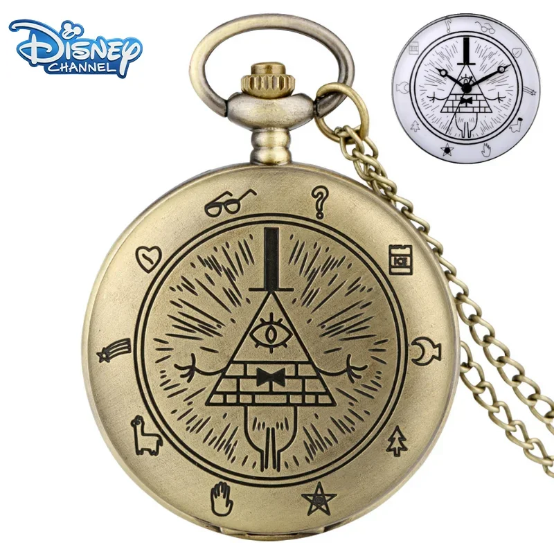 Disney Movie Gravity Fall Bill Cipher Time Gem Necklace Quartz Pocket Watch Weird Town Triangle One-Eyed Devil Pendant Chain Toy