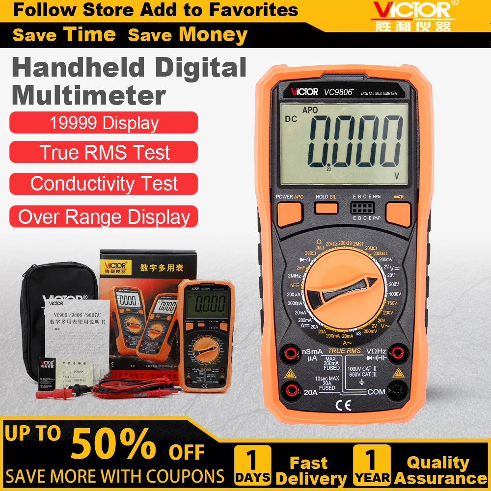 

VICTOR VC9806+ 4 1/2 Digit True RMS Manual Range Digital Multimeter DC AC 1000V 20A Antimagnetic Anti-interferential Tester