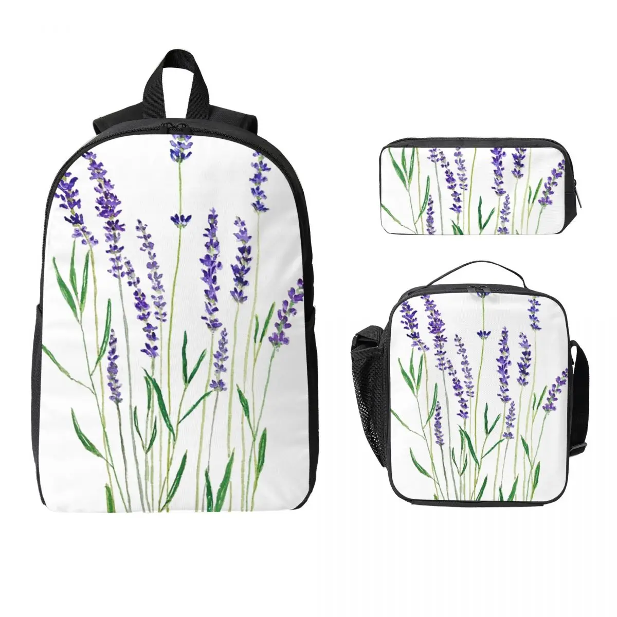 

Hand Painted Purple Lavender Backpack Student BookBag School Bag Laptop Shoulder Bags 3ps Insulated Lunch Bag Pencil Case