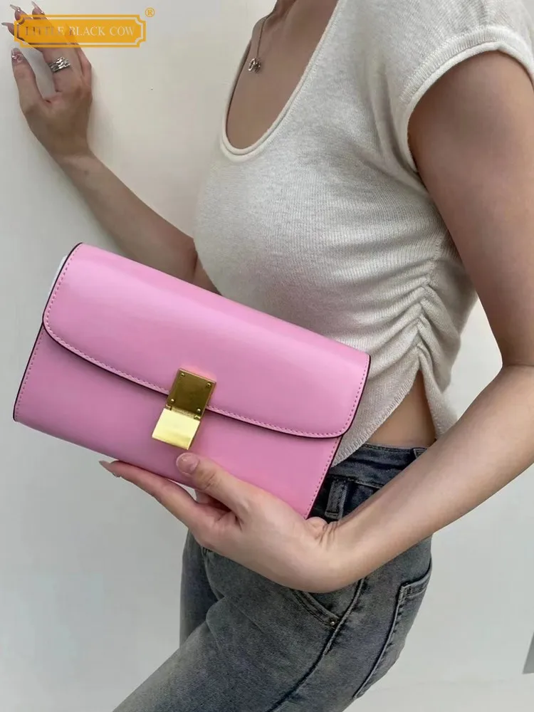 Solid Colors Women Mini Flap Clutches Bag Cow Split Leather Shoulder Bag Ladies Sling Strap Crossbody Bags Small Packing Handbag