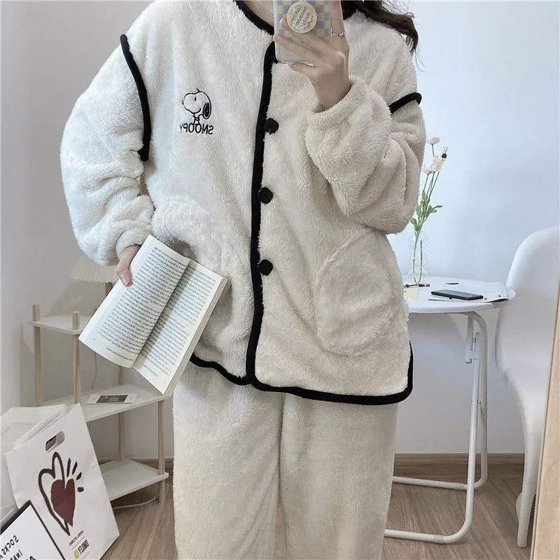 Snoopy pajamas women\'s coral velvet autumn and winter ins style kawaii anime cartoon flannel thickened cute home clothes set