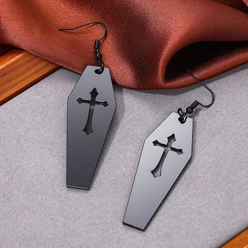 Gothic Death Cross Cutout Vampire Coffin Earrings for Women 2024 New Goth Punk Black Color Jewelry Y2k Accessories Party Gifts