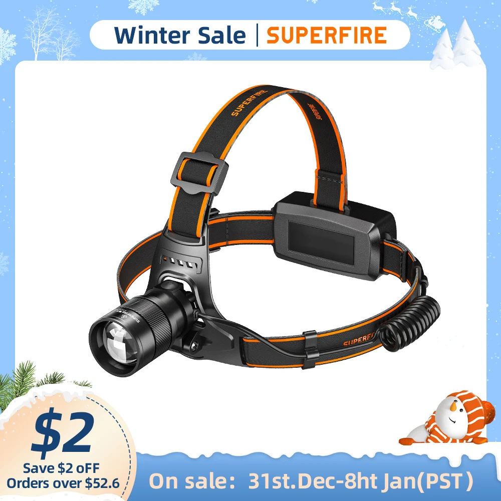 SUPERFIRE HL71 xhp50 15W Powerful Headlamp Zoomable Motion Sensor USB-C Super Bright Headlight Camping 18650 Head flashlight