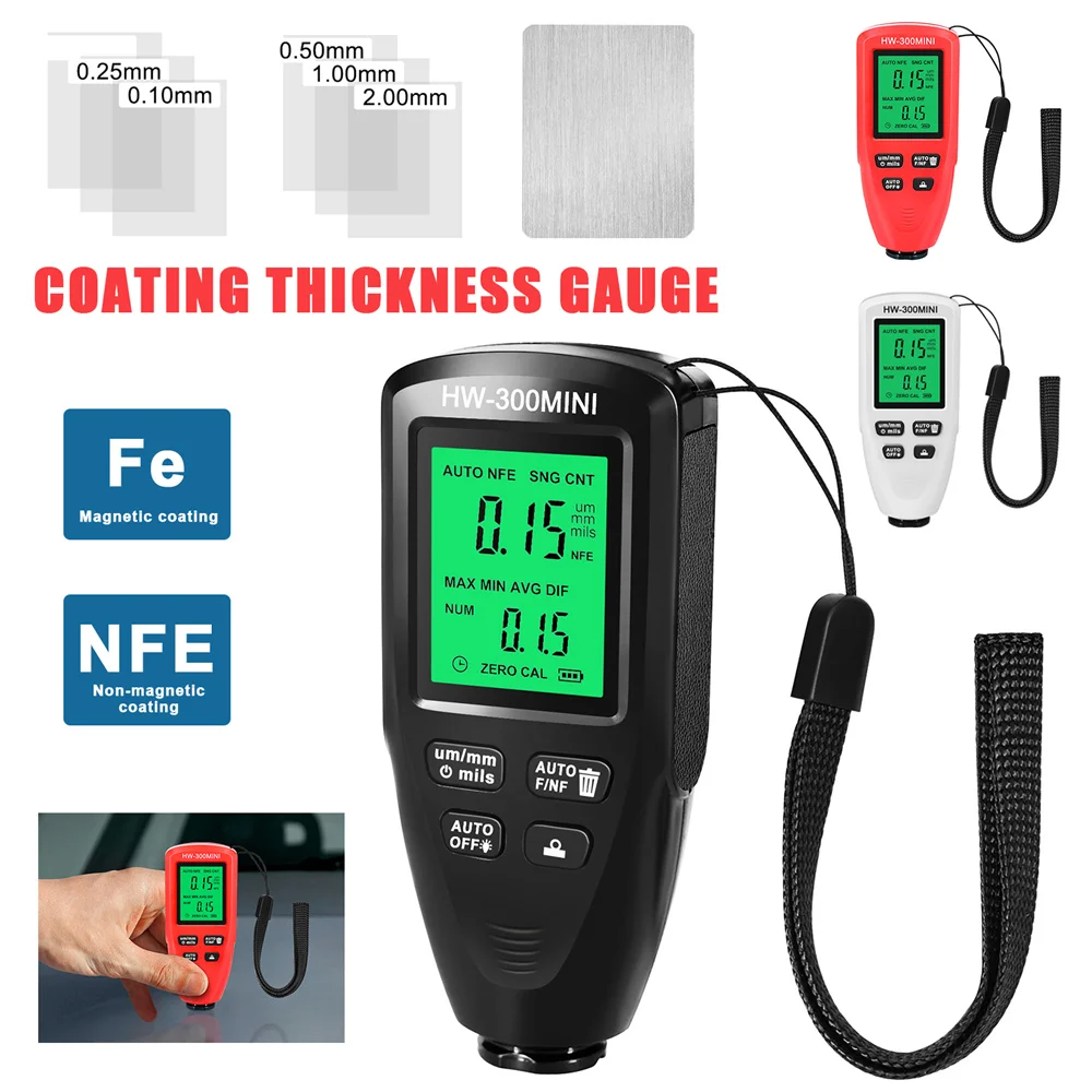 HW-300PRO Car Paint Coating Thickness Gauge Car Paint Electroplate Metal Coating Thickness Tester Meter 0-2000μm Fe & NFe Probe