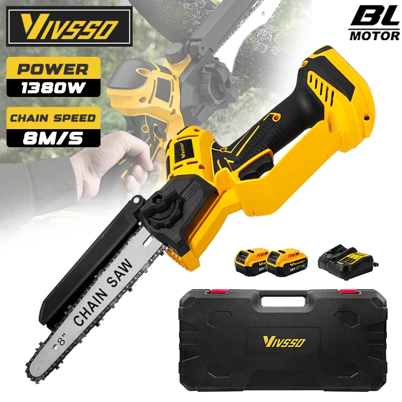 VIVSSO Electric Chain Saw Rechargeable Woodworking 8Inch Mini Chain Saw Garden Pruning Saw Tool For Dewalt 20v Battery Pins