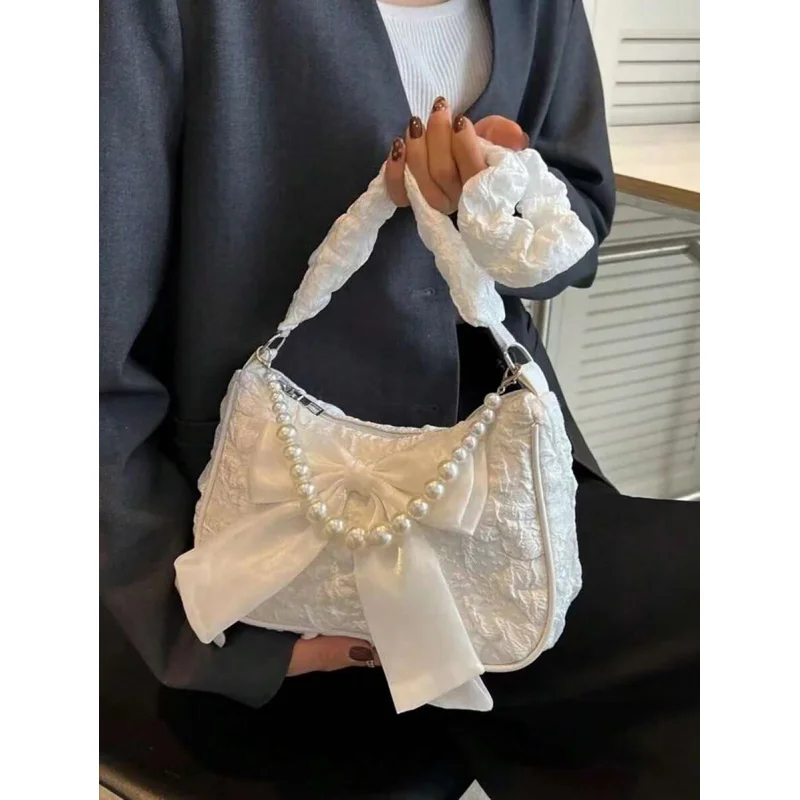 

Lightweight, Business Casual Argyle Princess & Rhinestone Chain & Jacquard Bow & Faux Pearl Decor Bag For