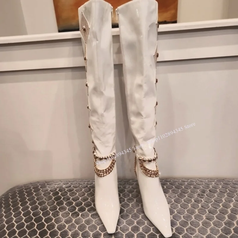 White Rivet Chain Zipper Leather Boots Thin High Heel Pointed Toe Fashionable Sexy Western Winter Woman Shoes Zapatillas Mujer