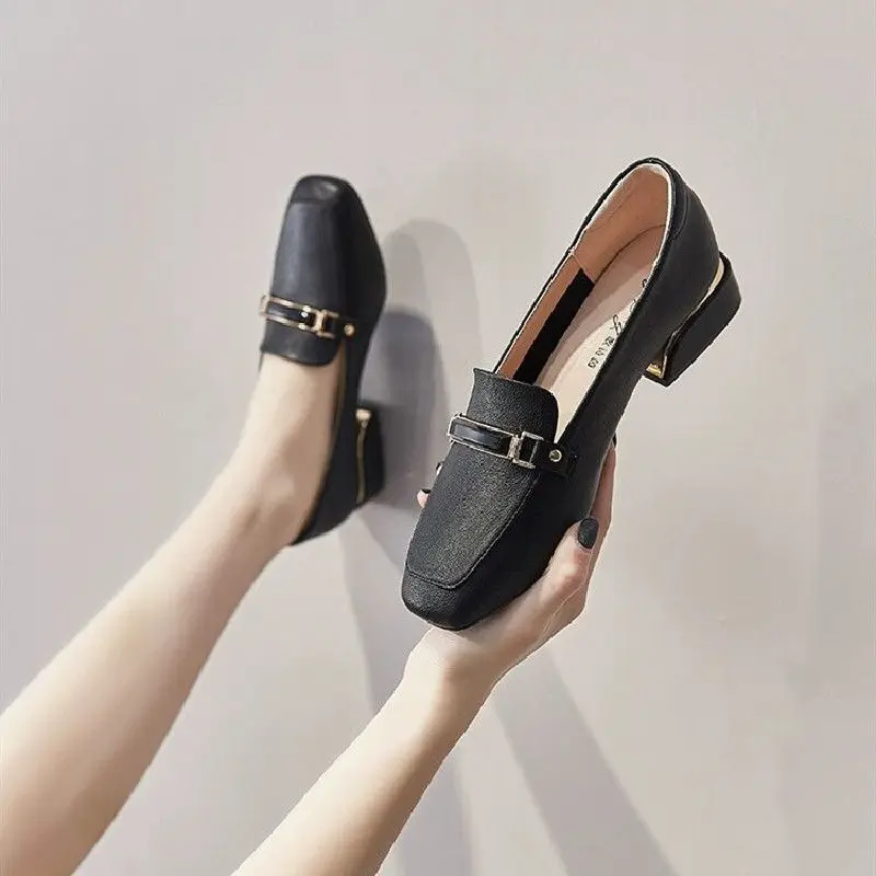 Loafers Low Heel Elegant Shoes for Woman 2024 Office Square Toe Black Women\'s Summer Footwear Formal A Chic Point 39 Lastest Y2k