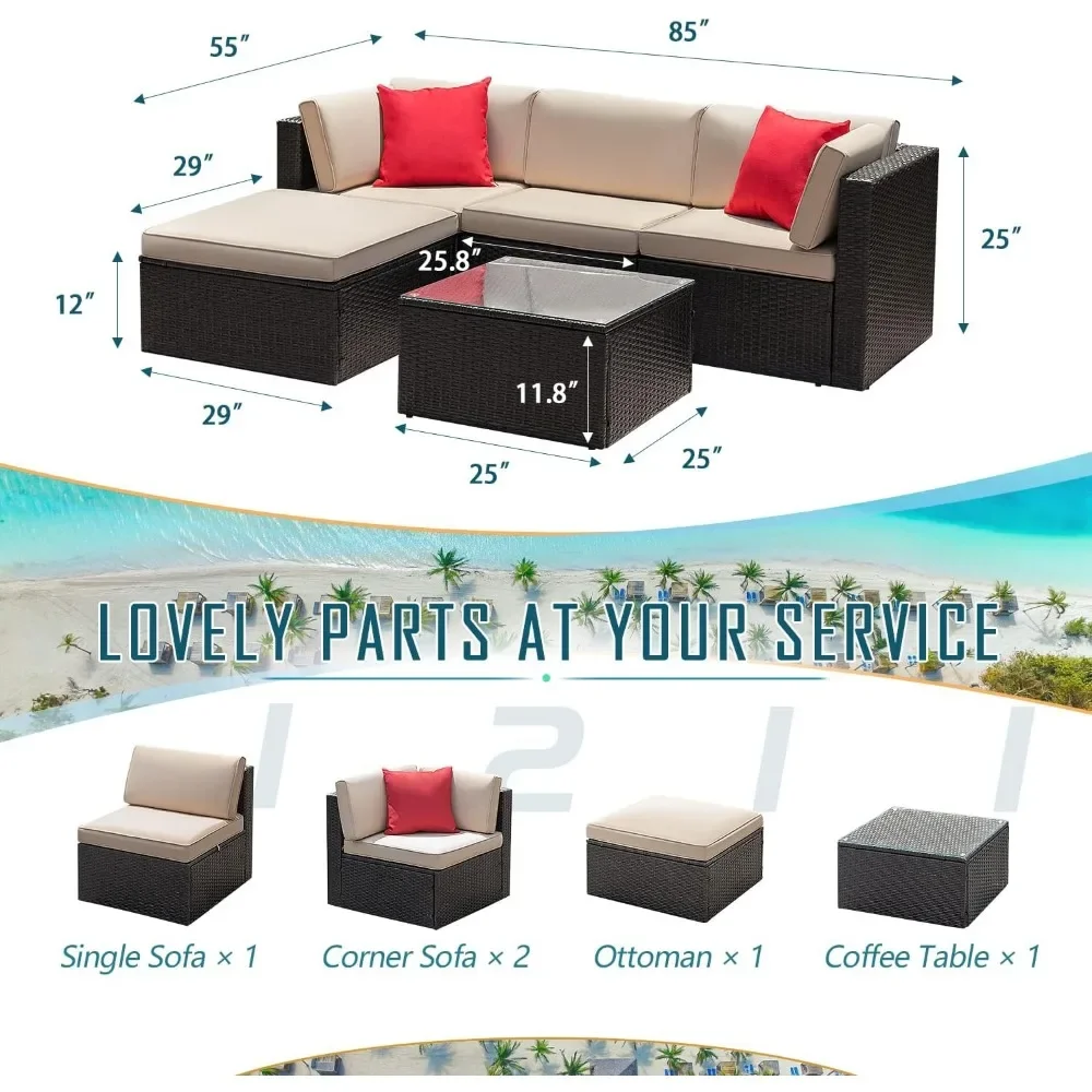 5 Piece Patio Furniture Set Wicker Outdoor Sectional Sofa with Thick Cushions & Tempered Glass Table Patio Couch Conversation