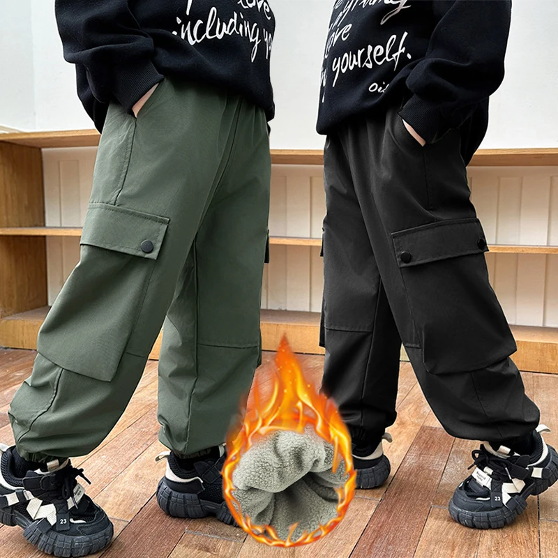 

Boys Waterproof Plush Warm Cargo Pants 4-12 Years Autumn Winter Windproof Outdoor Sweatpants Kids Casual Loose Trousers