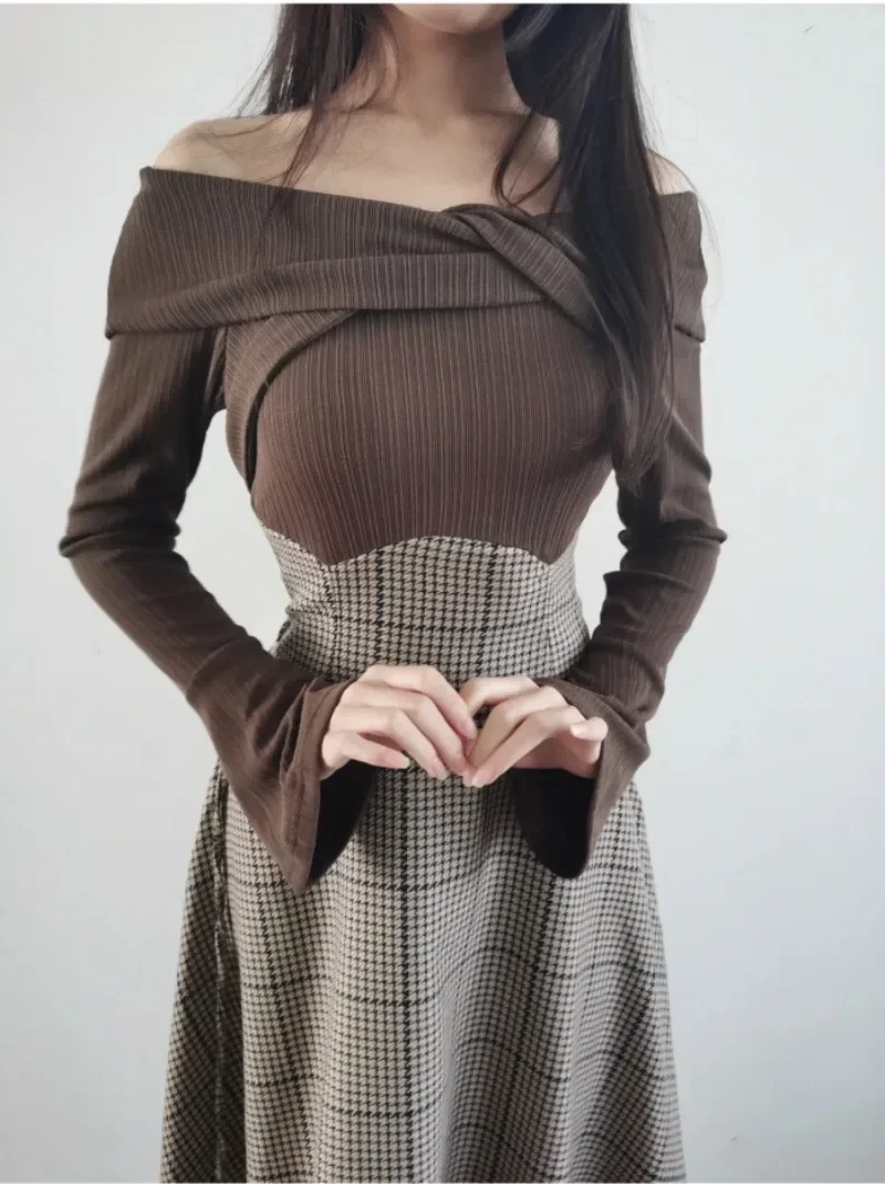 Japan Kink Off Shoulder Vestidos Fake Two Piece Women 2025 Vestido Spliced Plaid Dresses Long Sleeve Dress High Waist Clothing