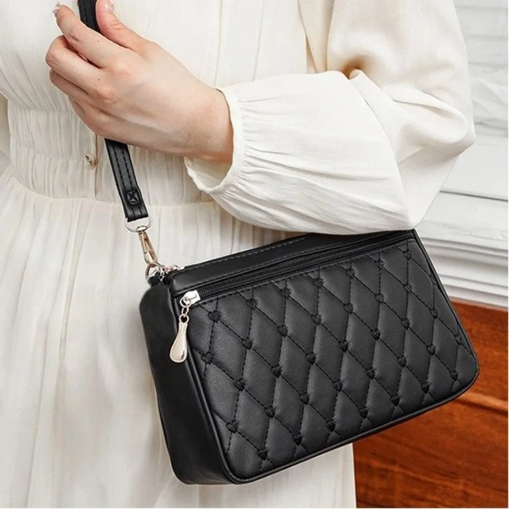 Fashion Zipper Shoulder Bags Pu Leather Solid Color Crossbody Bag Embroidery Thread Large Capacity Messenger Bag Women