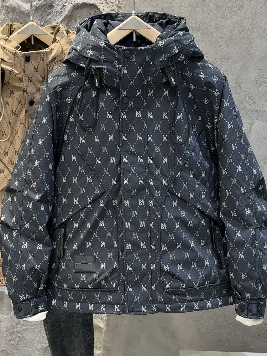 

Зимняя утепленная мужская пуховая куртка с капюшоном и принтом, белая, теплая, в корейском стиле, модный бренд, повседневная, из полиэфирного волокна