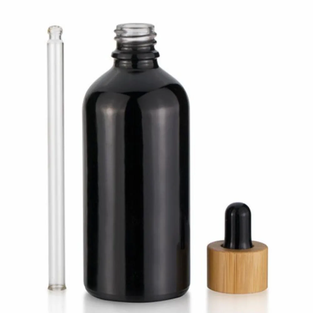 5x 10X Black Glass Dropper Bottles Bamboo Wood Essential Oils 5 ~ 100ML Matte Eye Drop Dripper Bottle Portable Refillable Travel