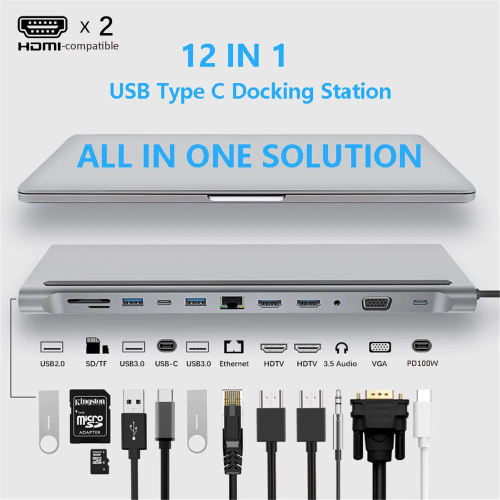 12 in 1 USB Multi-hub Docking Station Type C Multi Hub Extension A HDMI-Compatible RJ45 Pro Adapter Dock for Macbook Mac Laptop