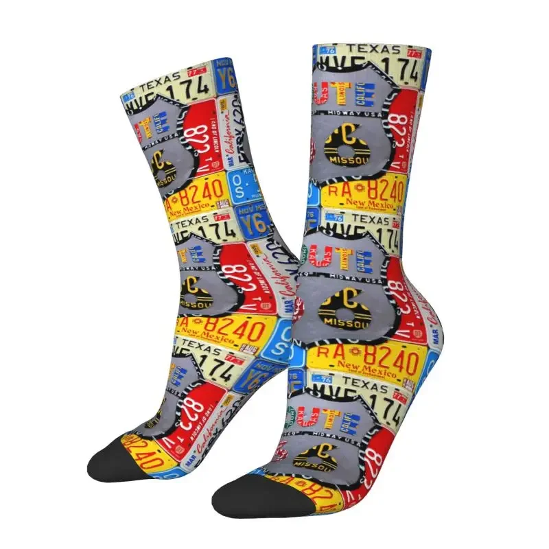 Cute Printed Route 66 License Plate Art Socks for Women Men Stretchy Summer Autumn Winter American Road Breathable Crew Sock