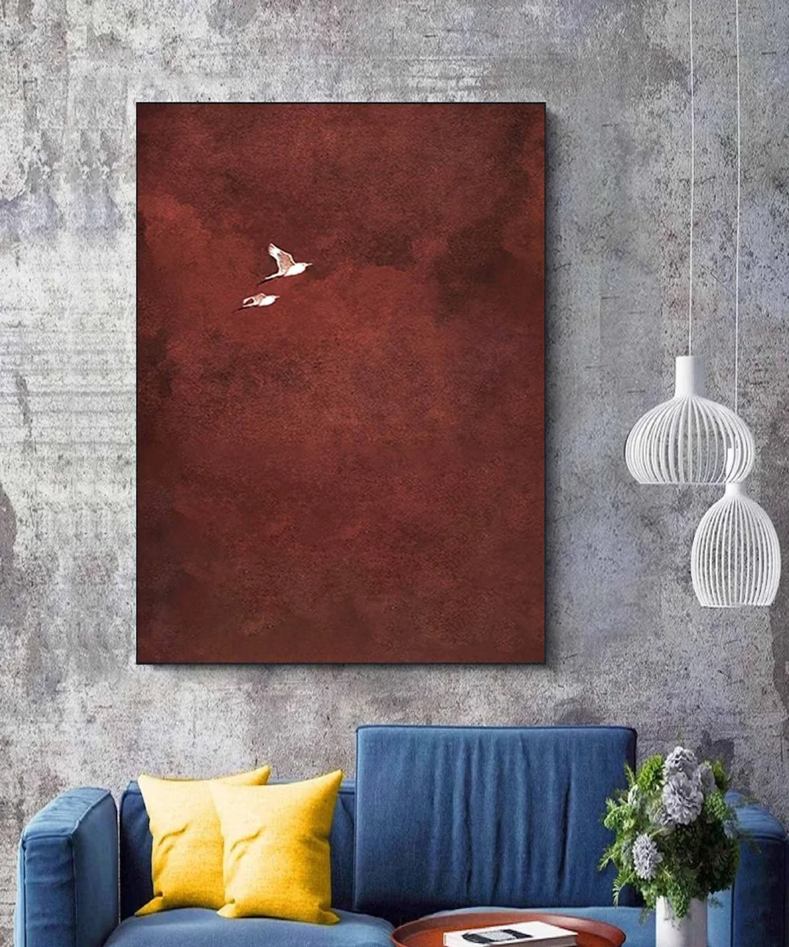 "Crimson Sky Birds Abstract Wall Print Decor - Minimalist Textured Painting of Two Birds in Flight Against a Deep Red Background view 3