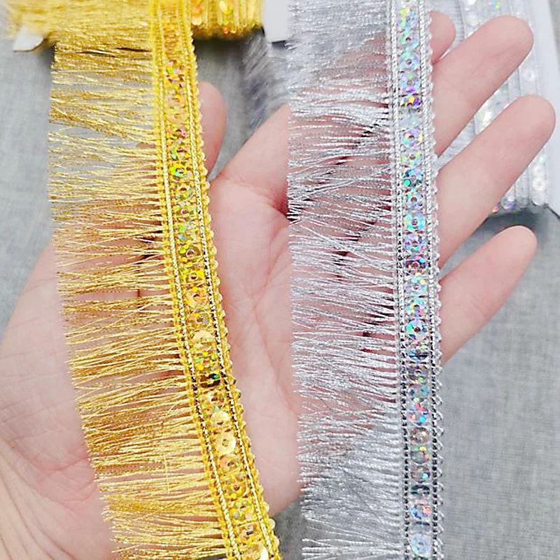 Exquisite sequins gold and silver thread tassel row border DIY hat clothing home textile curtain hem border handicraft material