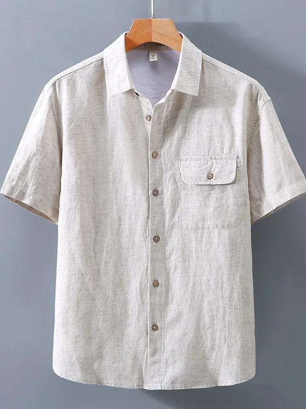 

Men's Short Sleeve Shirt Linen Casual Thin Summer Breathable Korean Style Regular Fit Pocket Design Pure Color Button up Shirt