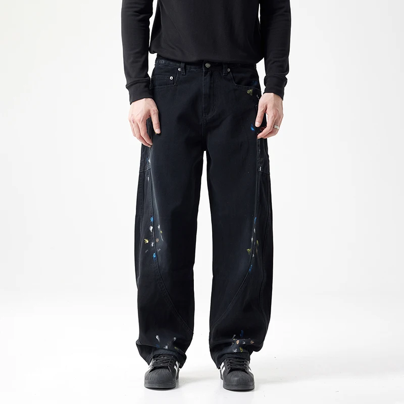

Black Jeans For Men Baggy Pants Man Loose Wide Leg Pants Casaul Colorful Painting 100% Cotton Stripes Desginer Streetwear