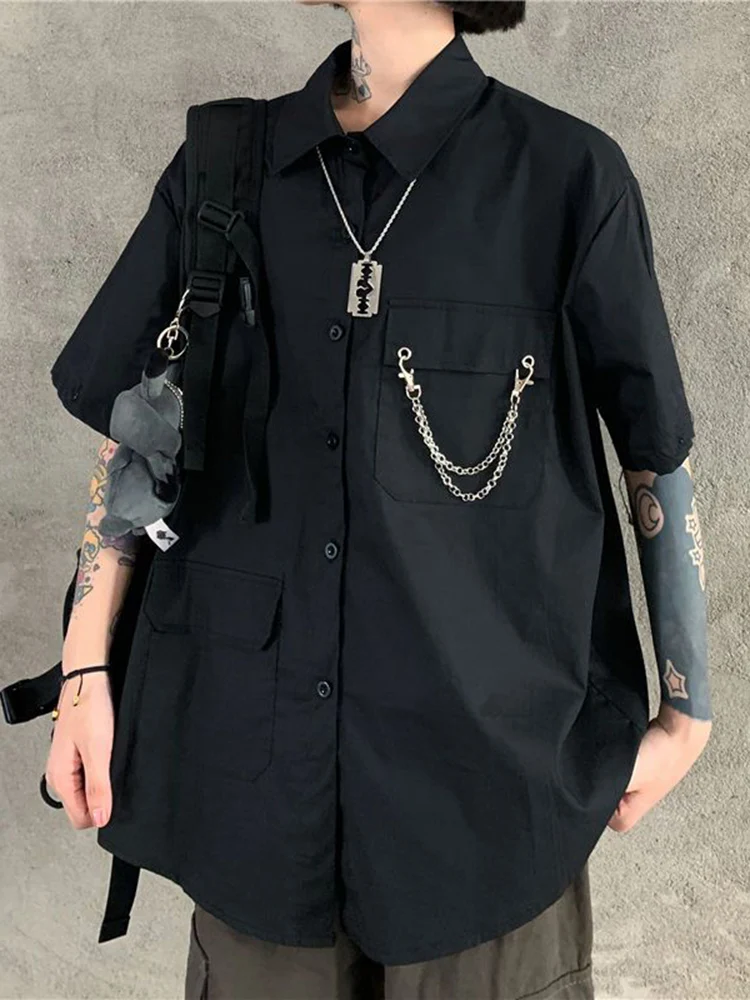 Jmprs Dark Academic Gothic Tie Shirt Women Harajuku Vintage Patchwork Y2K Blouse Bf Oversize Loose Removable Long Sleeve Tops