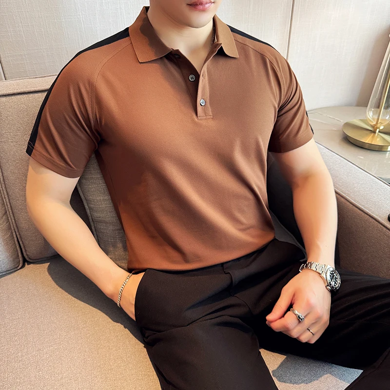 

Summer Patchwork Polo Shirt for Men Short Sleeve Slim Fit Casual T-shirts Business Social Office Lapel T-shirts Men Clothing