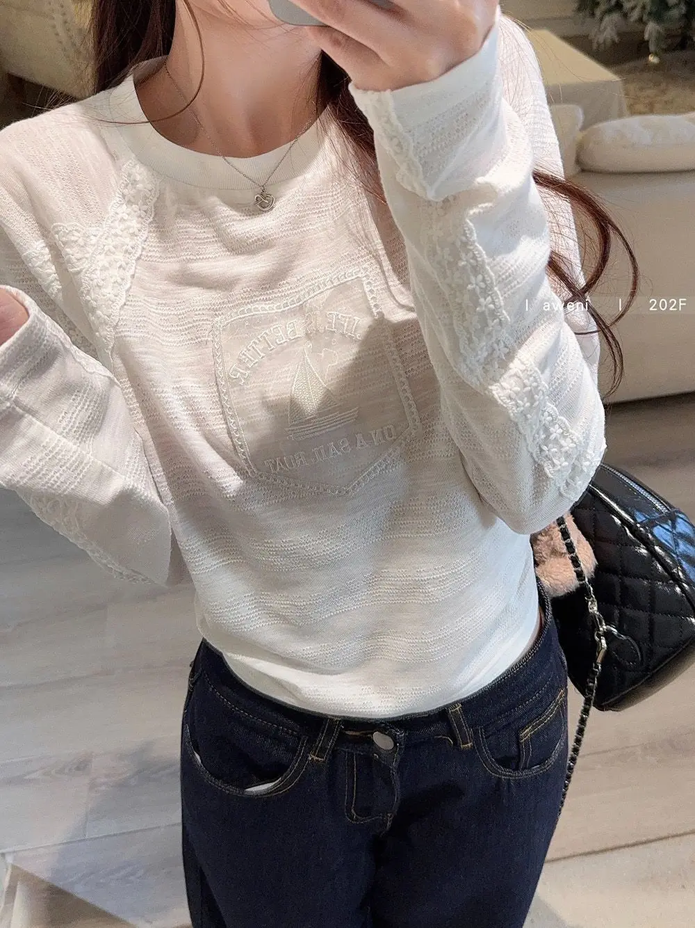 

Onalippa, осенняя новая корейская стильная дизайнерская высококачественная универсальная лоскутная кружевная футболка с круглым вырезом и длинными рукавами, топ, женская мода