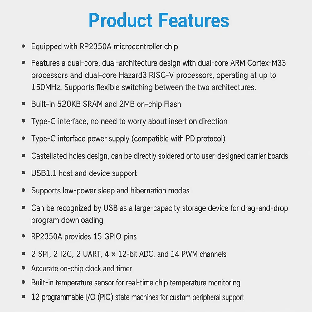 RP2350 USB-C Mini-Entwicklungsboard Dual-Core-Mikrocontroller mit Typ-C und GPIO für IoT-DIY-Projekte – Detail 12