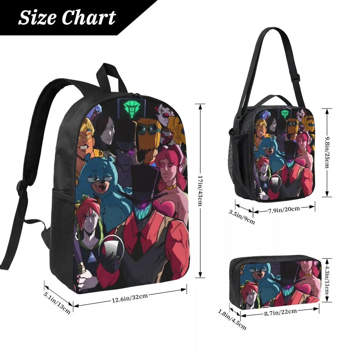 3Pcs Villainous Comdy Accessories Backpack Set for Boy Girl Pen Bags Bookbag Sets with Lunch Box For School Students Knapsack