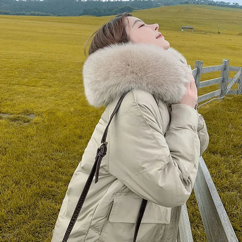 Faux Fur Collar Hood Winter Parkas Women 2022 Big Pockets Thicken Warm Long Coats Woman Zipper Down Cotton Padded Jackets