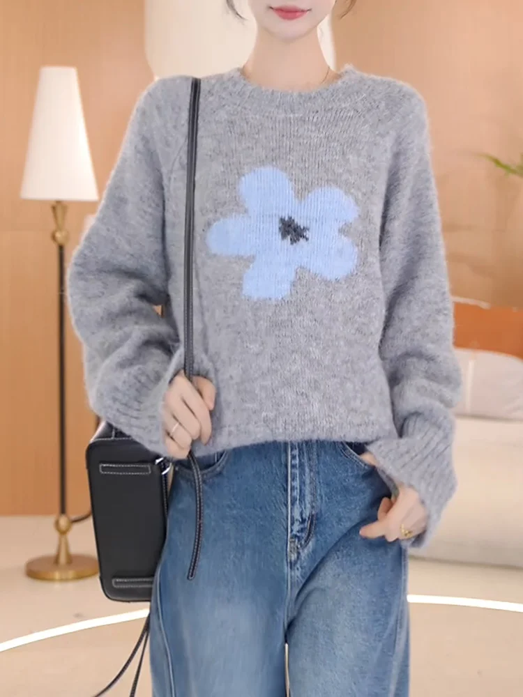 

ay Knitted Sweater Women's Long Sve Floral Print Faionable Versatile Base Layer Top Korean Sle Loose Fit Camere