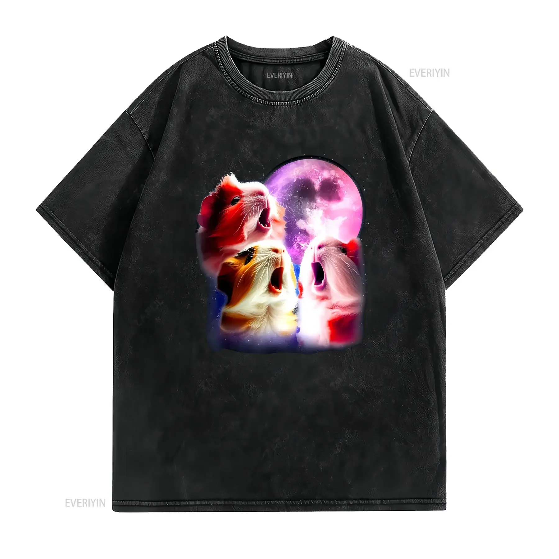 3 Guinea Pigs Howling At The Moon Funny Pet Pig Lover T Shirt  vintage Washed Breathable homme Unisex Soft streetwear Slightly