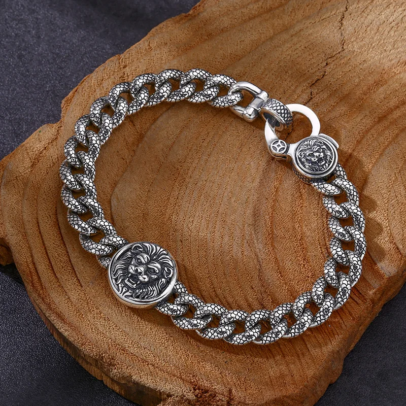 925 sterling silver bracelet lion ring buckle thick type bracelet trend Thai silver retro retro style personality ornament