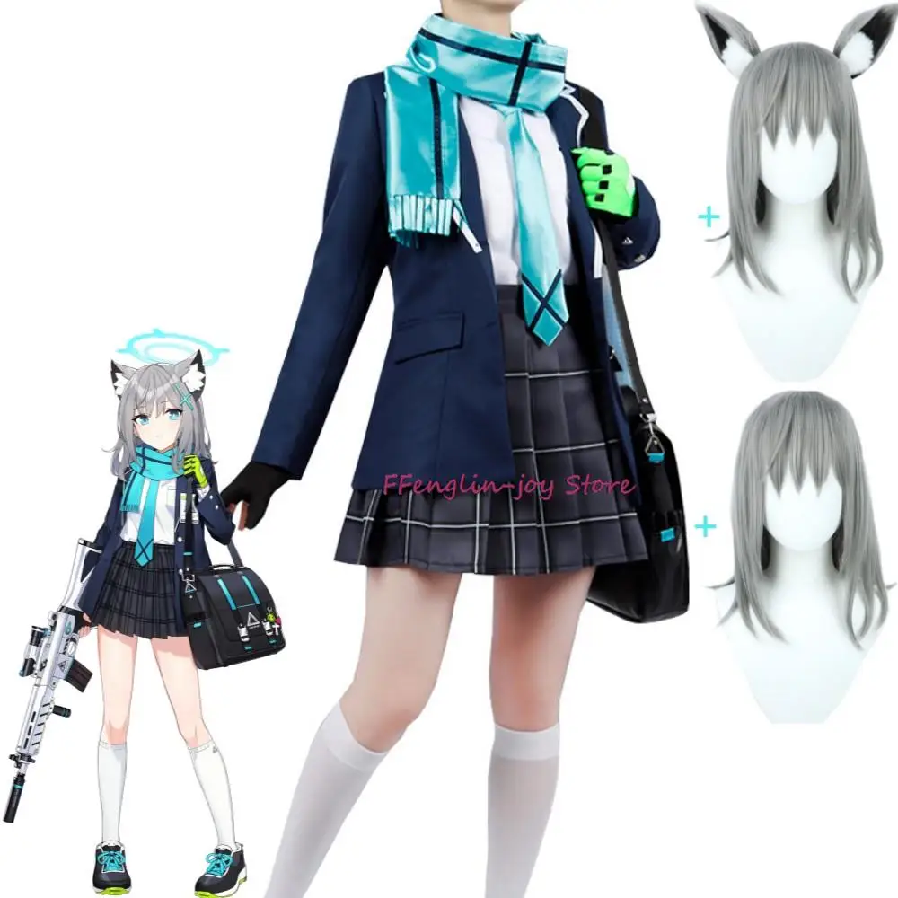 

Game Sunaookami Sunaokami Shiroko Blue Archive Project MX Cosplay Costume Wig Ears Anime Abydos High School JK Uniform Halloween