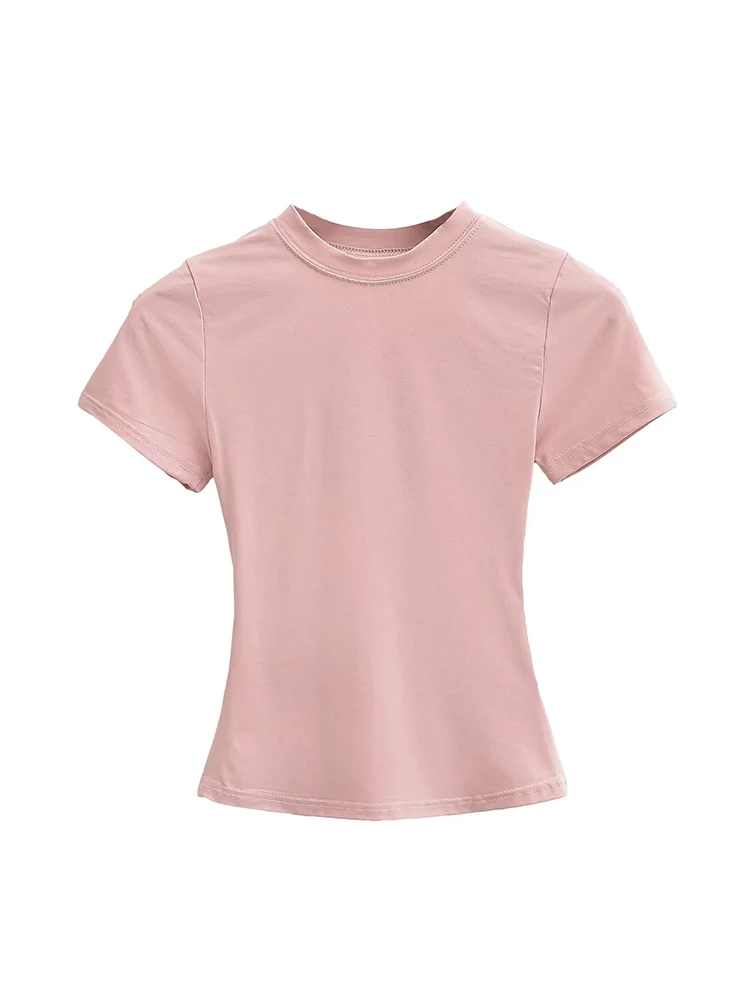 Round Neck Short Sleeved T-Shirt for Women in Summer, Slim Fit, Tight Fitting, Elastic Short Bottom Top