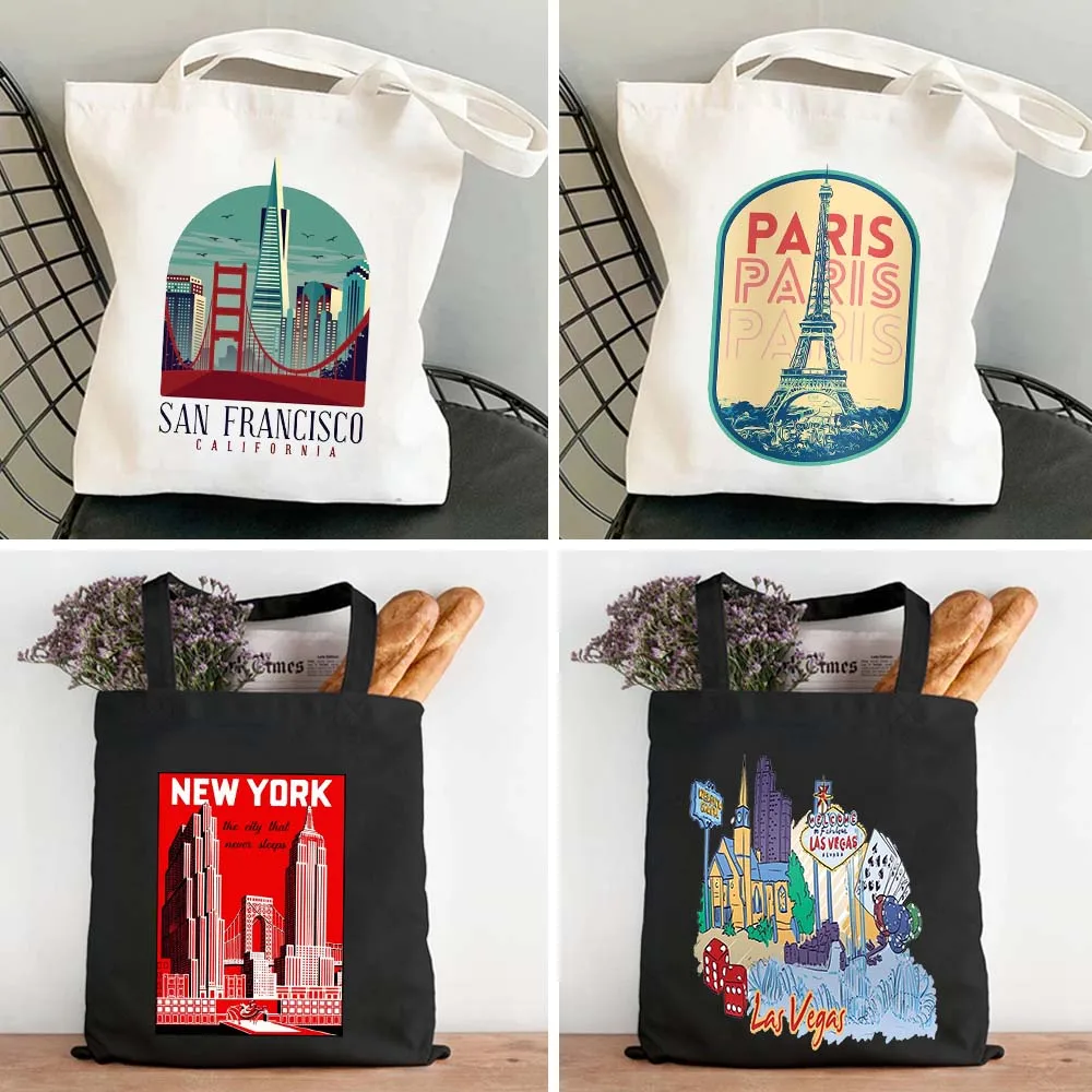 New York Paris Eiffel Tower Rome London Las Vegas NYC Skyline Women Canvas Shoulder Travel Tote Bag Eco Shopper Shopping Handbag