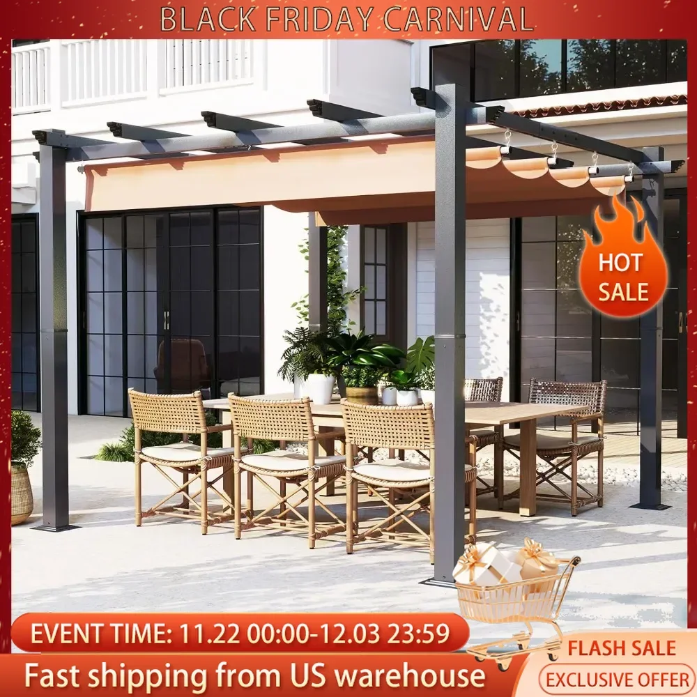 Outdoor Pergola, 10‘×10’ Retractable Pergola, Aluminum Pergola Patio, Modern Pergola with Retractable Sun Shade Canopy