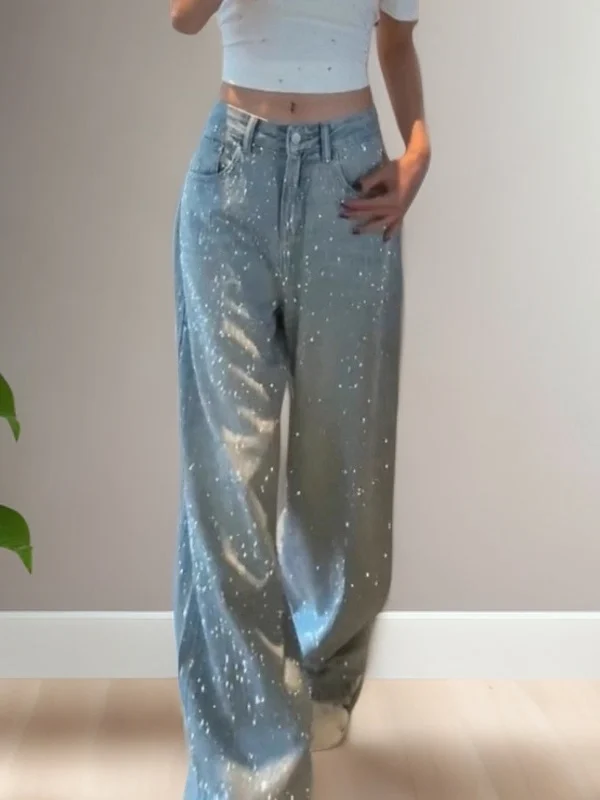 

Spring Season Heavy Du Rhinestone Denim Pants Women's High Waist Wide Leg Jeans Casual Sle Multi ket Blue Color