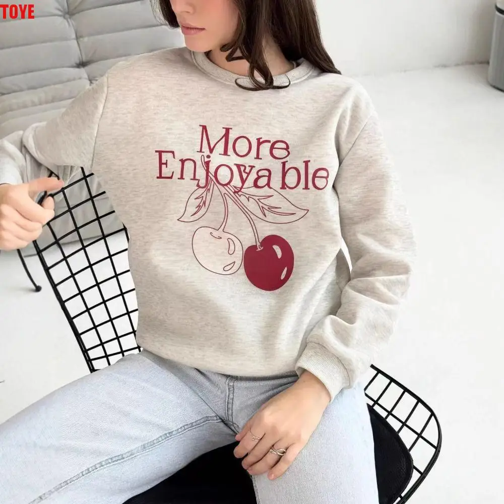 

Printed Long Sleeve Fleece Top Sweet Cherry Korean Ins Autumn Hoodie Top Girls Clothing Loose Sweatshirts for Women Streetwear
