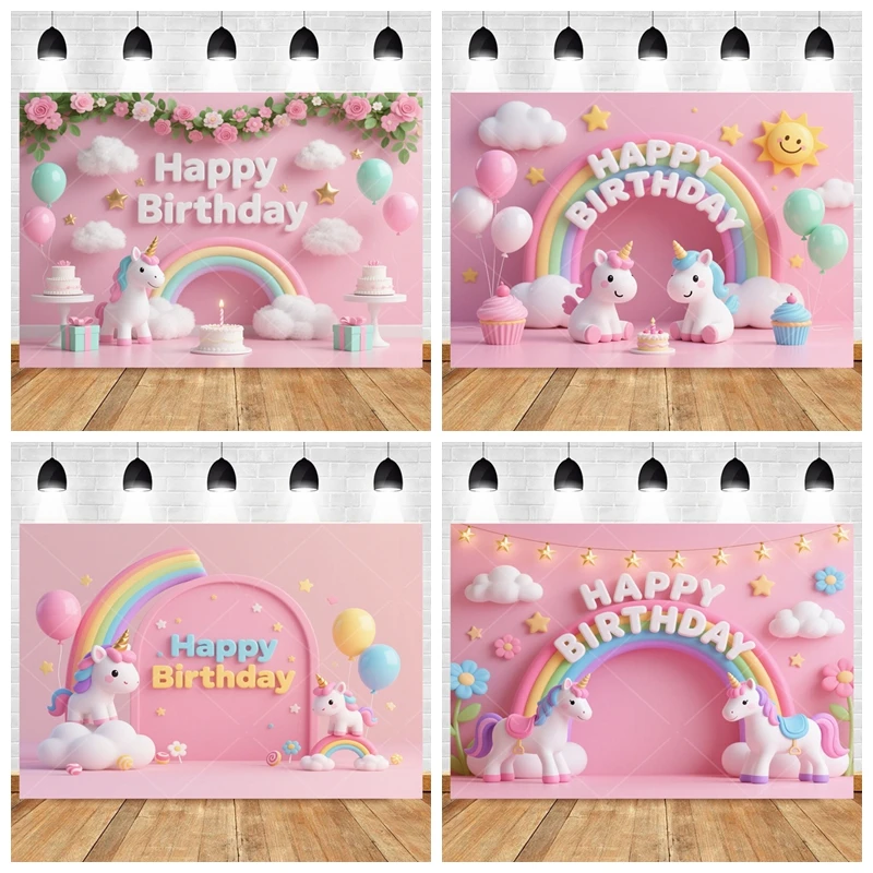 Rainbow Unicorn Pink Photo Booth Backdrop Customizable Girl Birthday Party Baby Shower Cake Table Pink Decoration Background
